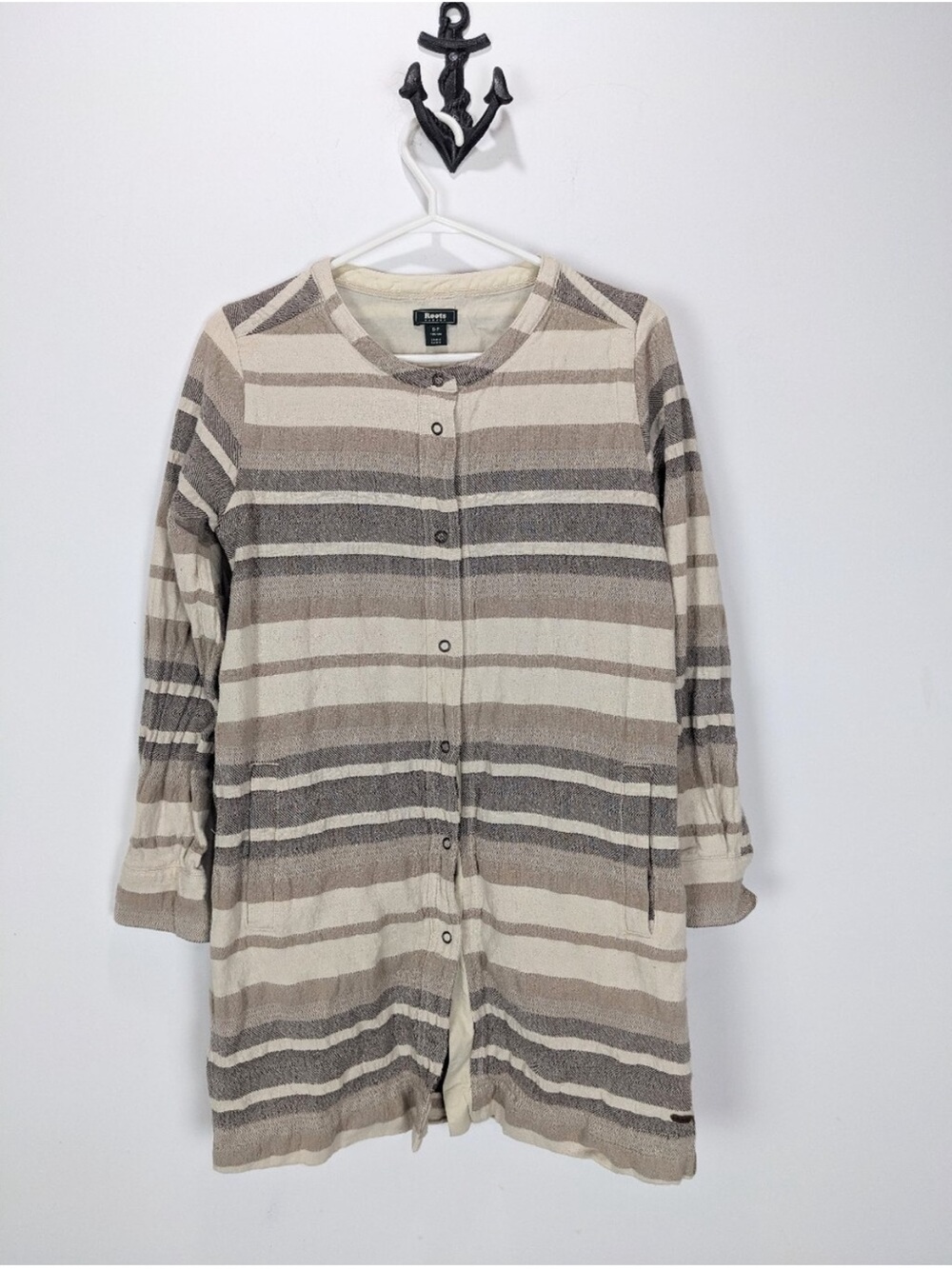 Roots Heavy Cotton Long-Sleeve Striped Snap-Up Dress Cream & Taupe